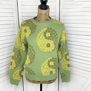 Witty‎ Fox Yin Yang Floral Pullover Sweater Green Yellow Small